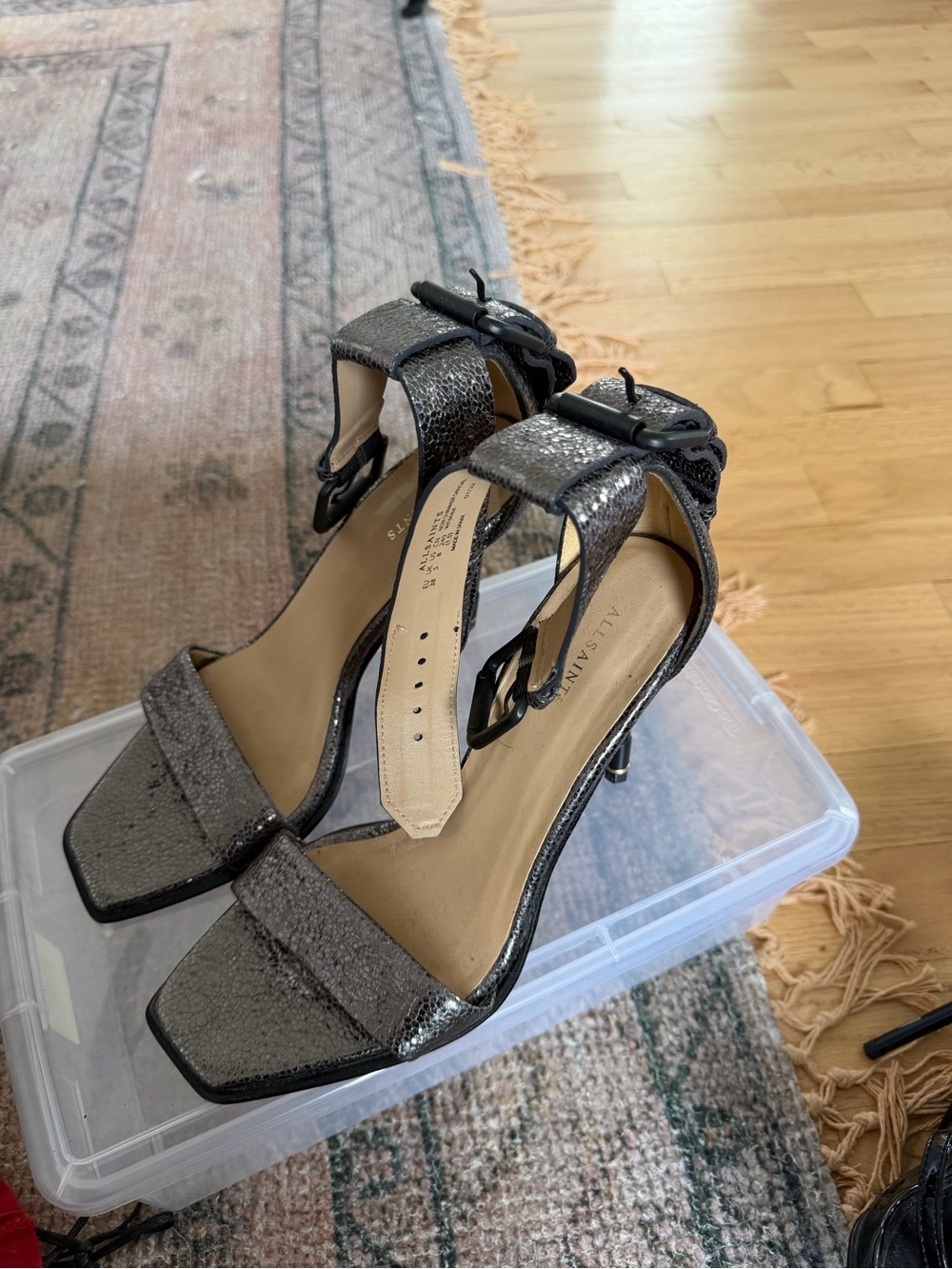 AllSaints Metallic Pewter Strappy Block Heel Sandal - Women's
